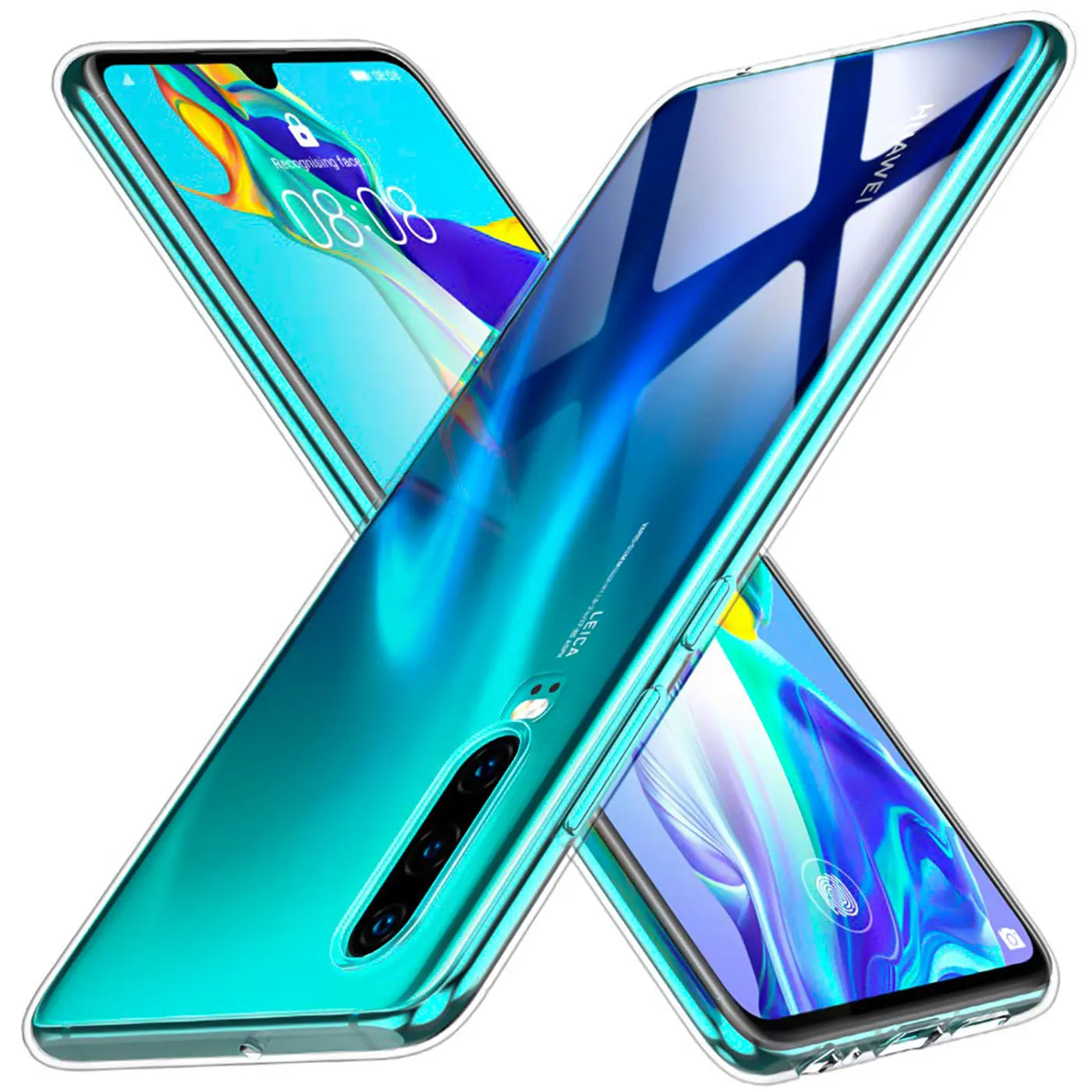 Zwei Huawei P30 Smartphones in transparenten Hüllen, von vorne und hinten gezeigt.