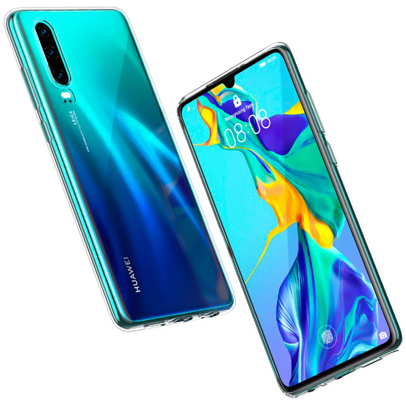 Huawei P30 in transparentem Case, von vorne und hinten, auf weißem Hintergrund.