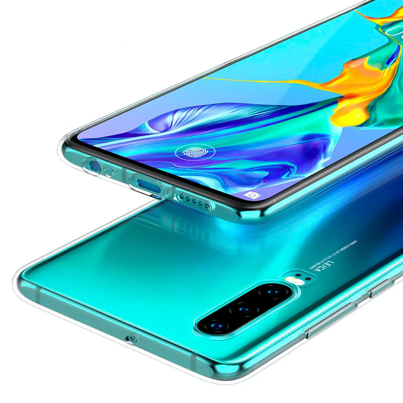 Klares Huawei P30 Handy mit transparentem Case, von oben/schräg, mit drei Kameras.