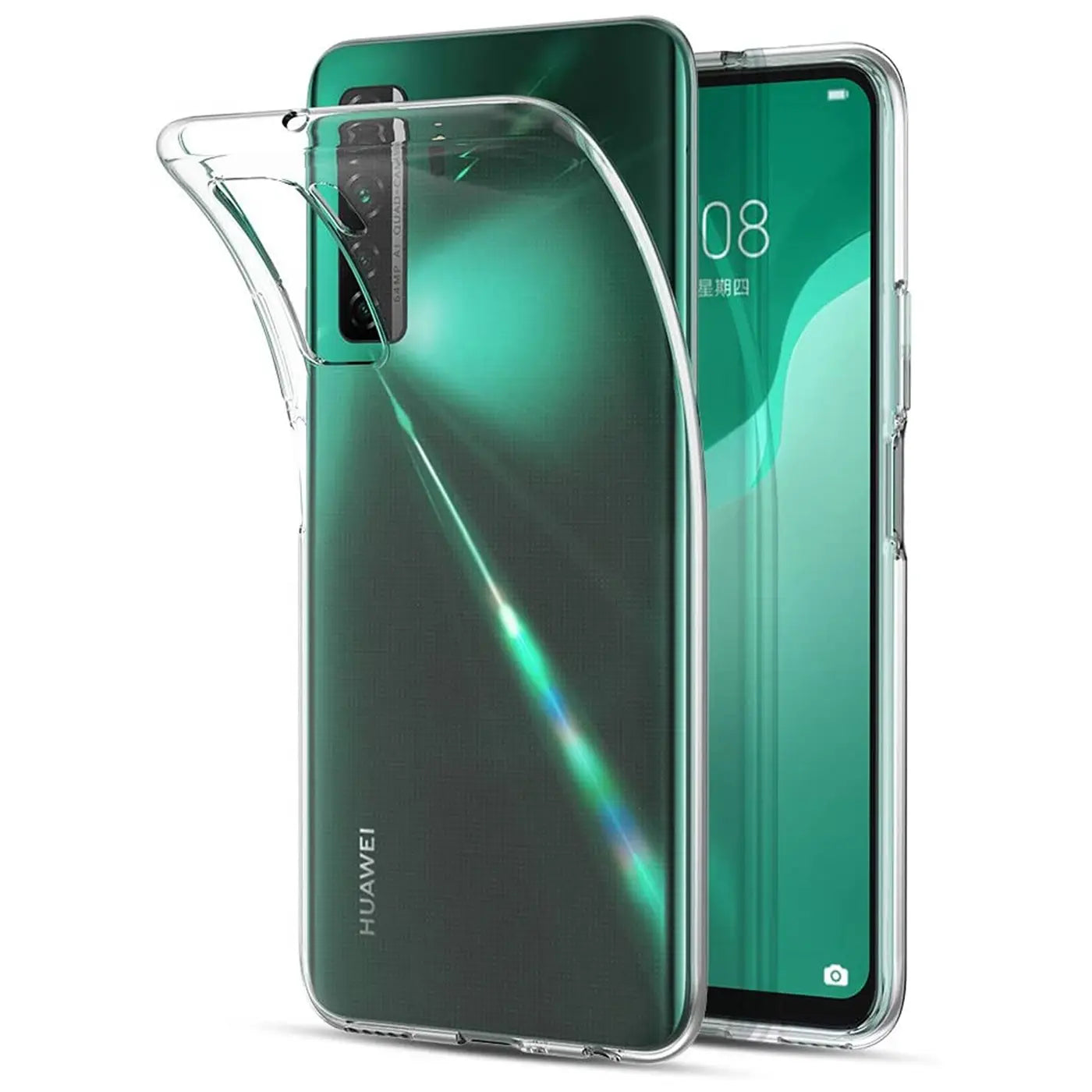 Klar transparente Hülle aus Kunststoff, schräg von vorne auf ein Huawei P40 Lite 5G gelegt.