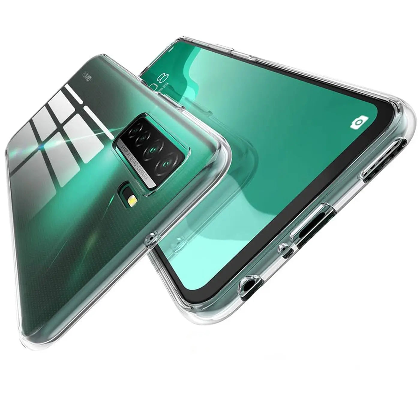 Klar, durchsichtiges Slim-Case aus Kunststoff auf einem Huawei P40 Lite 5G, Seitenansicht.