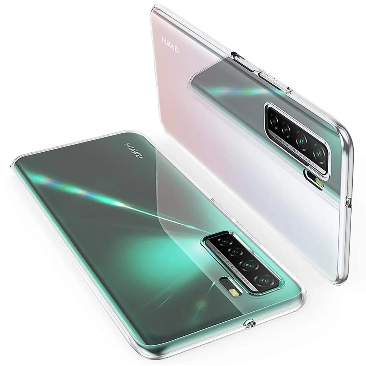 Klar, transparentes TPU-Case auf Huawei P40 Lite 5G, Rückansicht, leicht schräg.