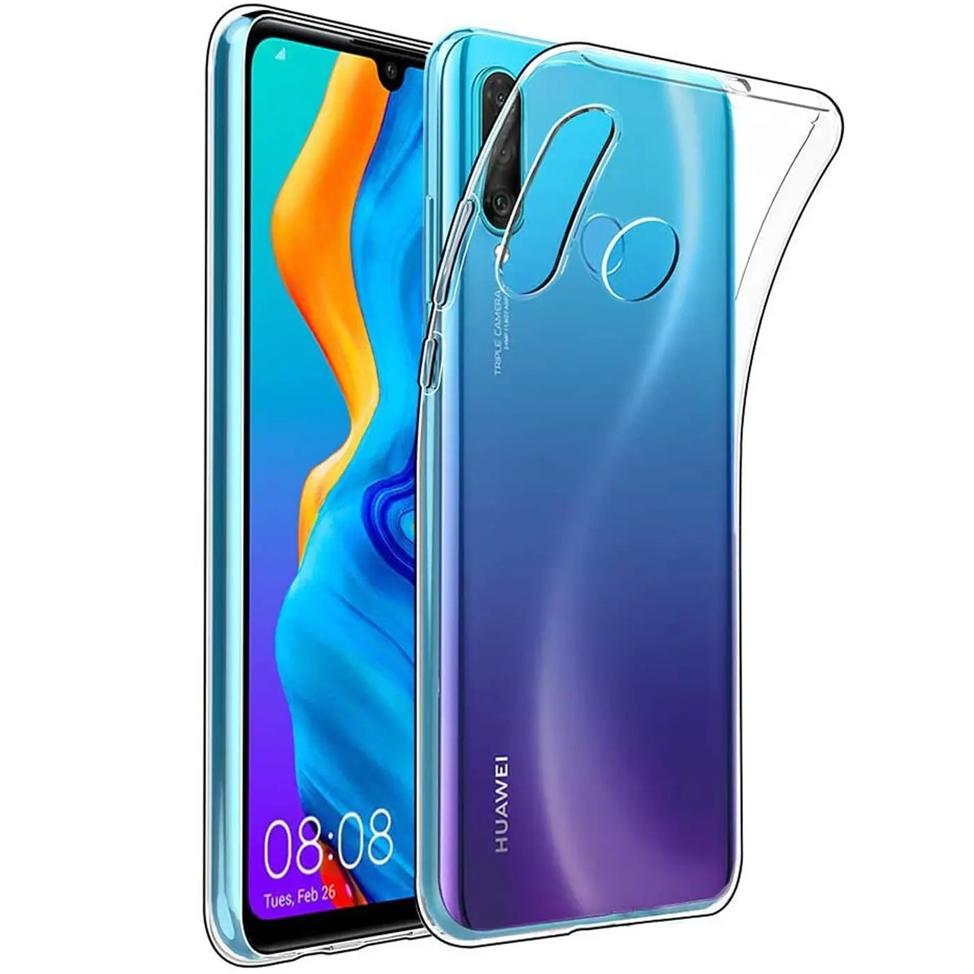 Klares, flexibles Handycase auf einem Huawei P40 Lite E, von vorne und hinten gezeigt.