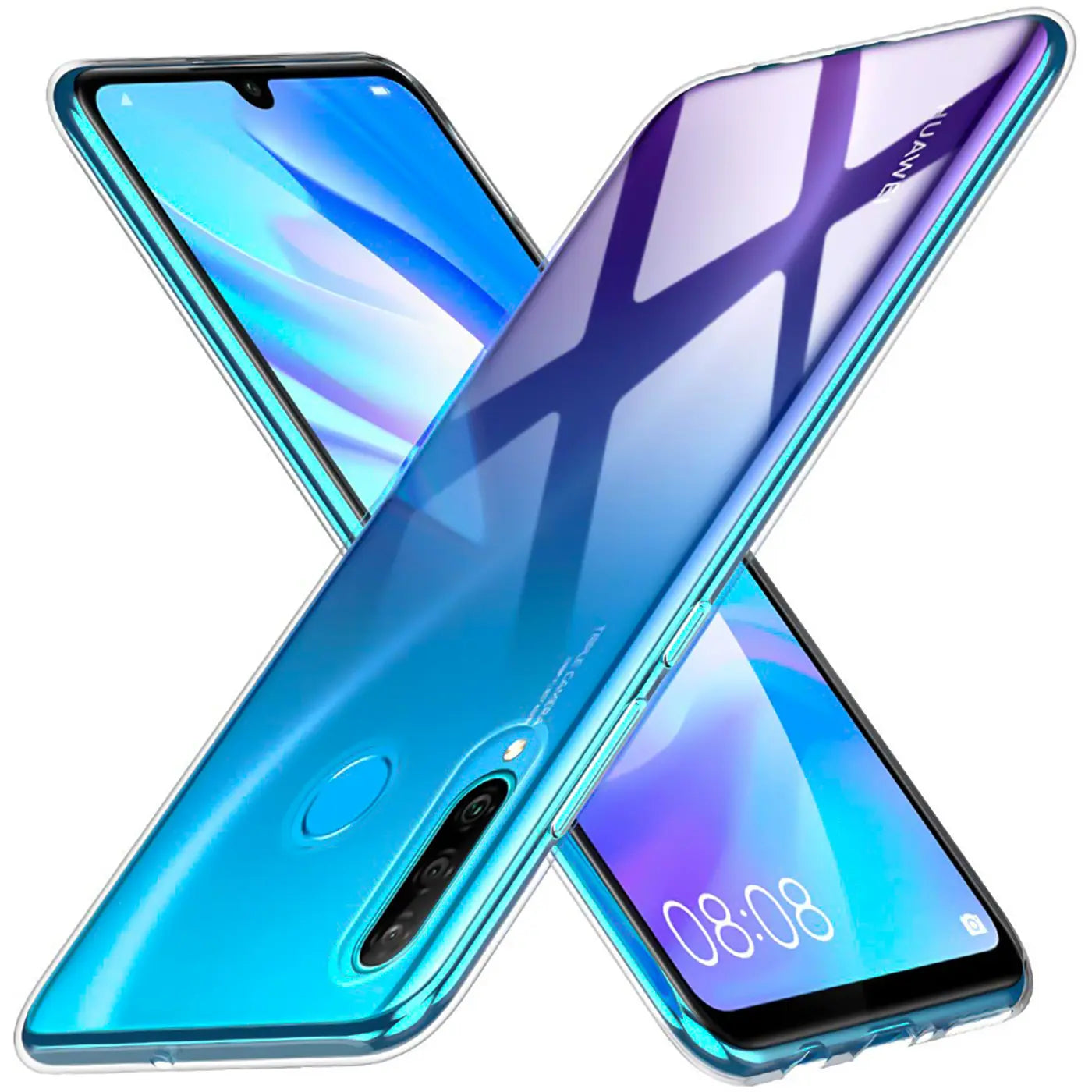 Klares, schlankes Handy-Case aus Kunststoff, das ein Huawei P40 Lite E zeigt.