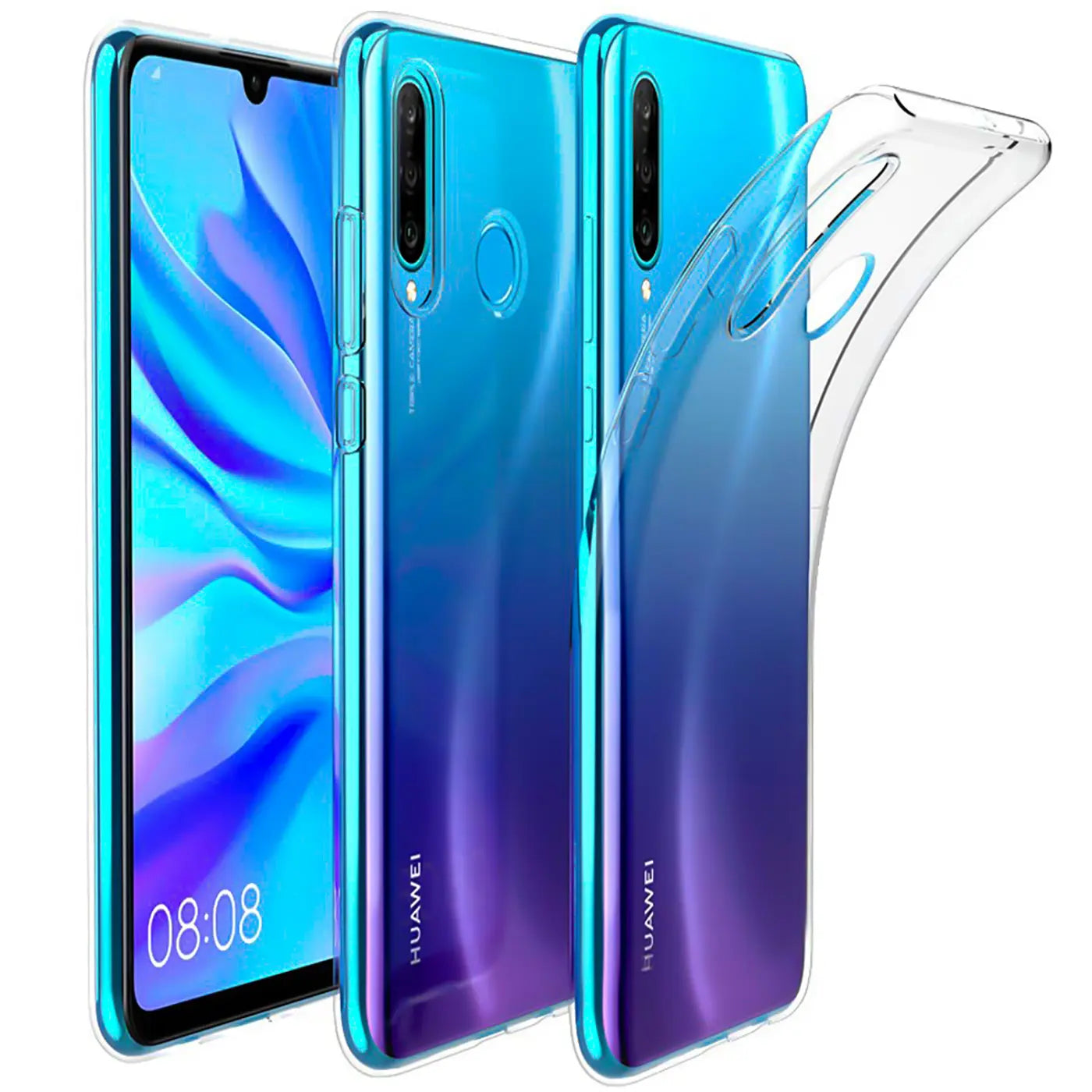Klar, durchsichtiges TPU-Case, seitliche Ansicht, Huawei P40 Lite E.
