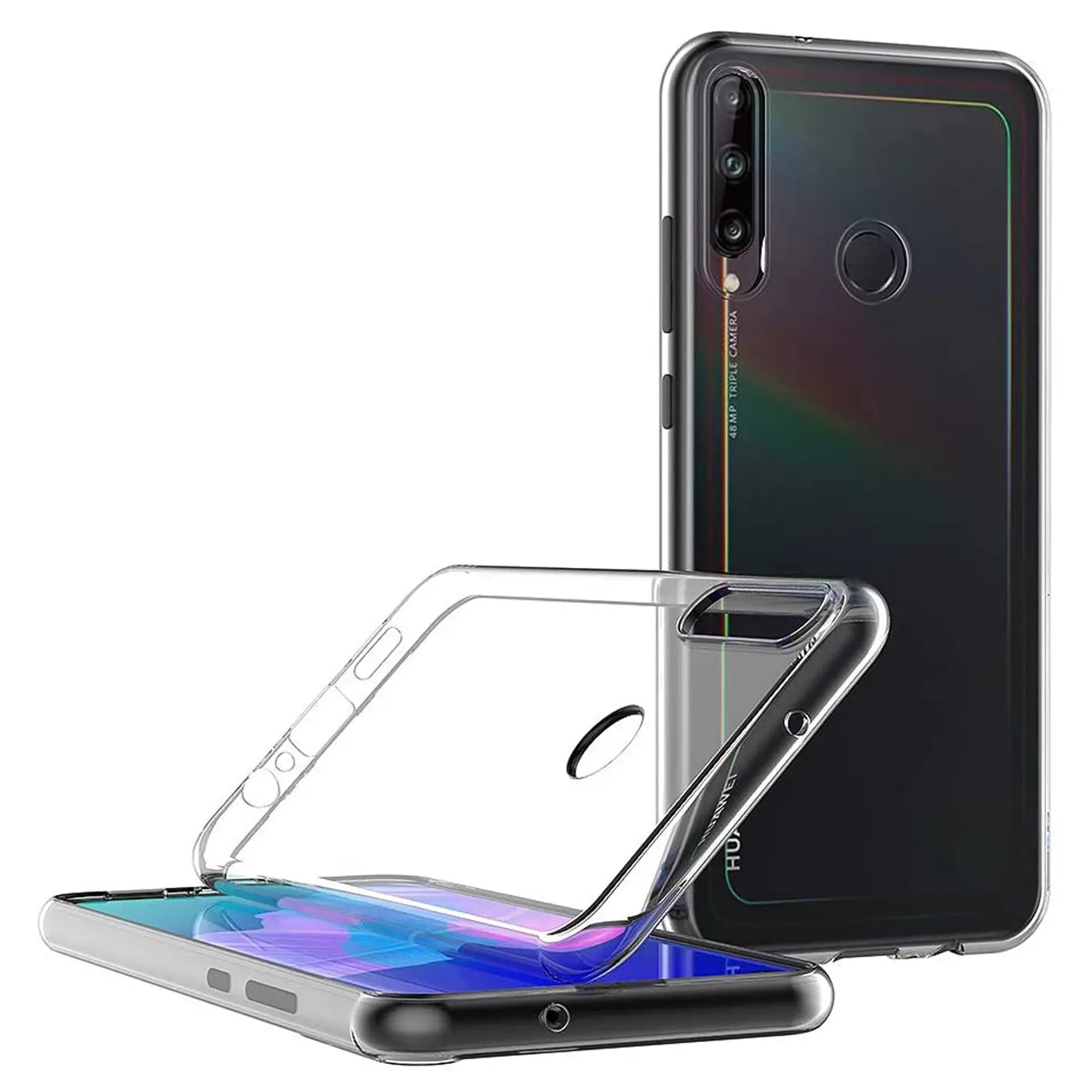 Klarhülle aus Silikon, Huawei P40 Lite E wird eingelegt, von vorne und hinten gezeigt.