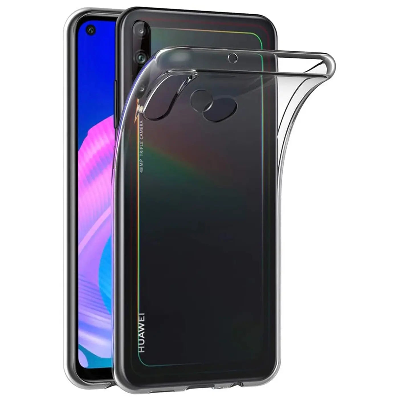 Klares, schlankes Handy-Case aus TPU, das ein Huawei P40 Lite E schützt. Von vorne/seitlich.