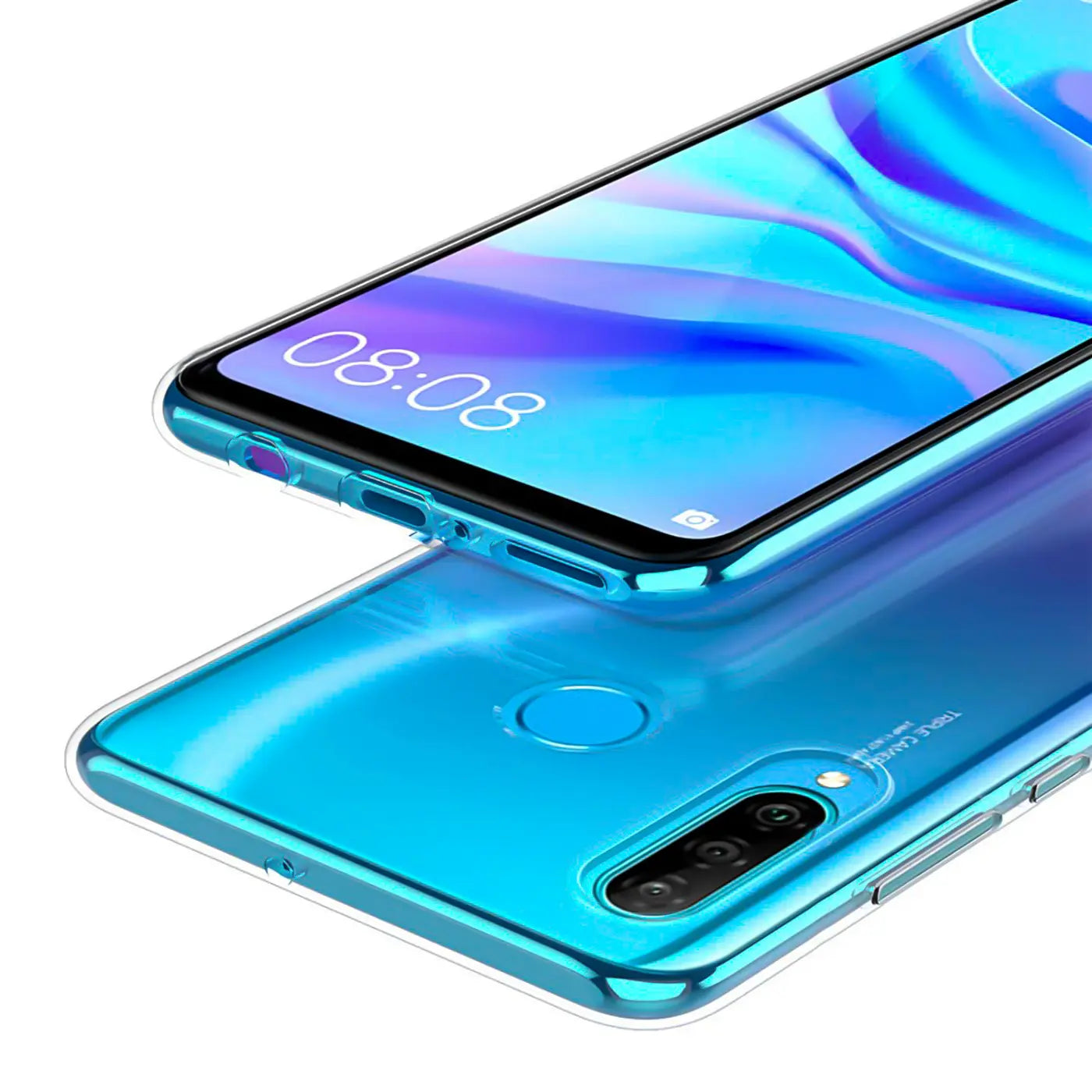 Transparente Hülle aus Kunststoff, von oben/schräg auf ein Huawei P40 Lite E mit blauem Hintergrund.