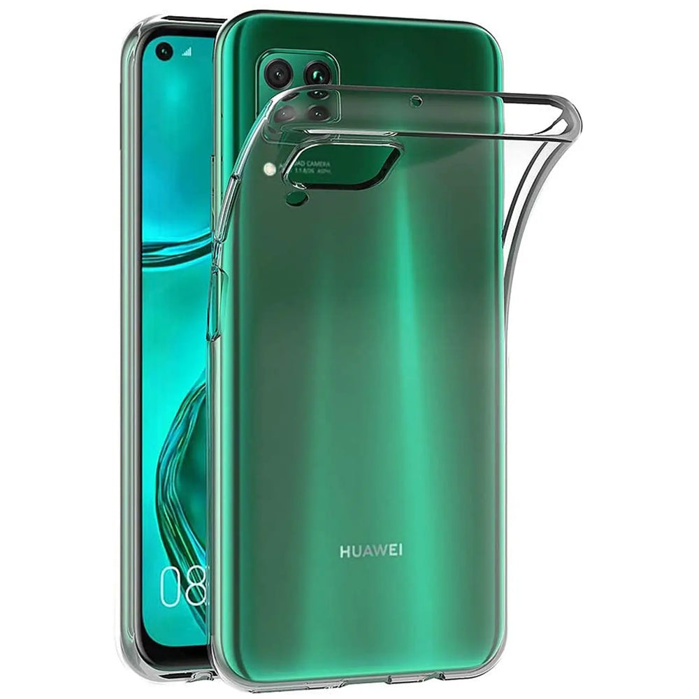 Klares Slim Case aus Kunststoff auf einem grünen Huawei P40 Lite, von hinten und leicht seitlich.