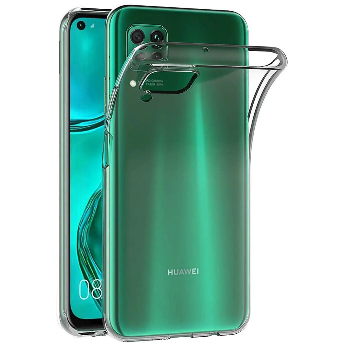 Klares Slim Case aus Kunststoff auf einem grünen Huawei P40 Lite, von hinten und leicht seitlich.