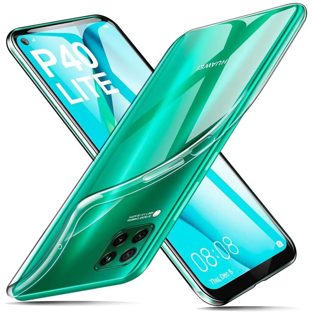 Grünes Huawei P40 Lite mit transparentem Slim Case, von schräg oben.