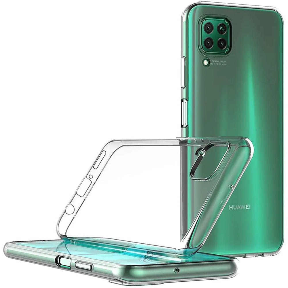 Klares Silikon-Case, auf einem grünen Huawei P40 Lite liegend, von vorne/seitlich