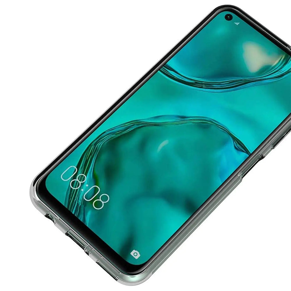 Huawei P40 Lite in transparentem Slim Case, von schräg oben.