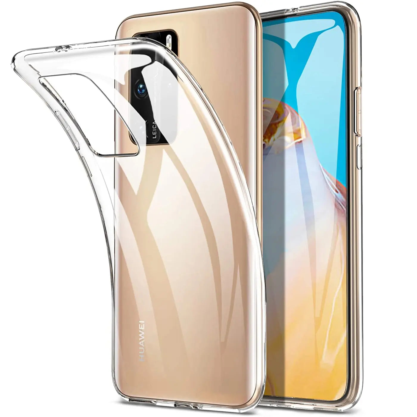 Klarhülle aus Silikon, von vorne/leicht schräg, zeigt Huawei P40 Pro mit Kamera.