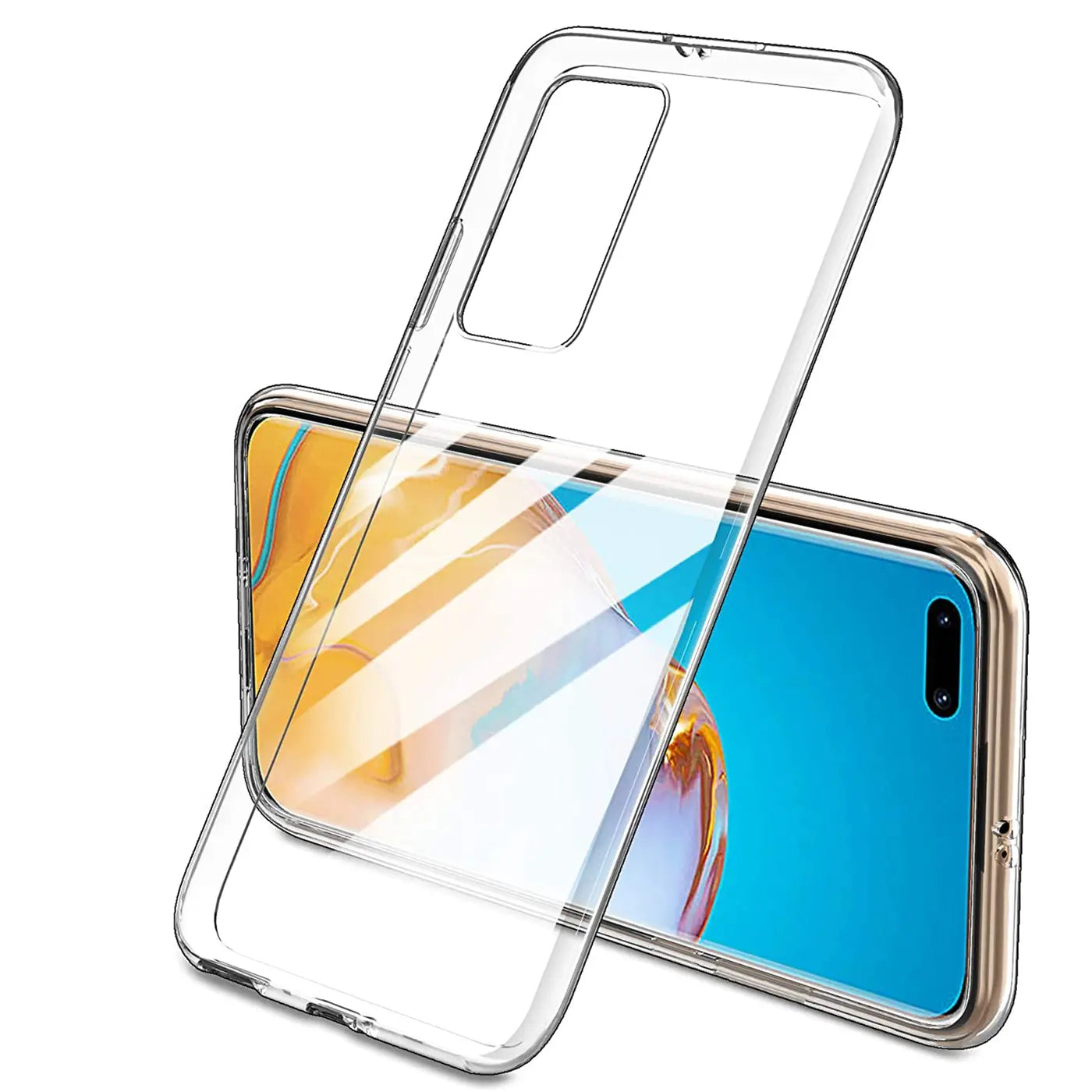Klares, durchsichtiges Handycase aus Kunststoff, schräg von oben auf einem Huawei P40 Pro liegend.