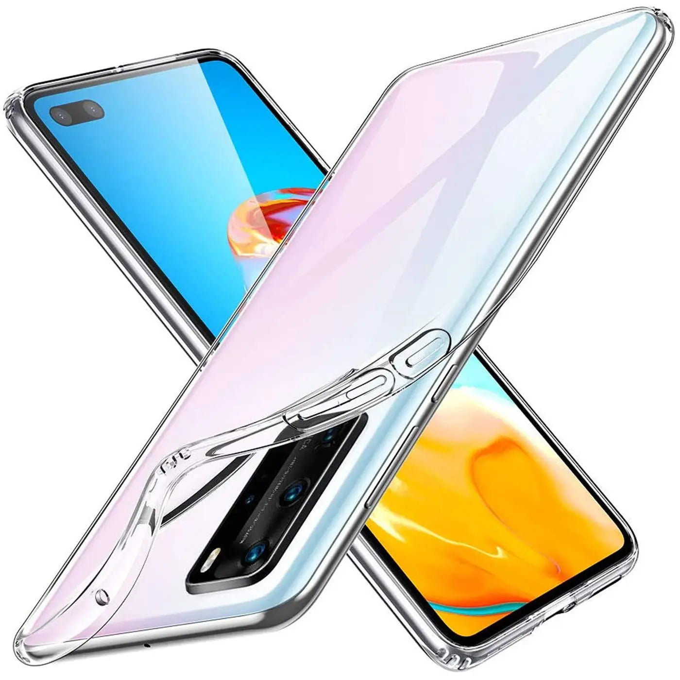 Klares Silikon-Case auf Huawei P40 Pro, von schräg oben, Rückseite sichtbar.