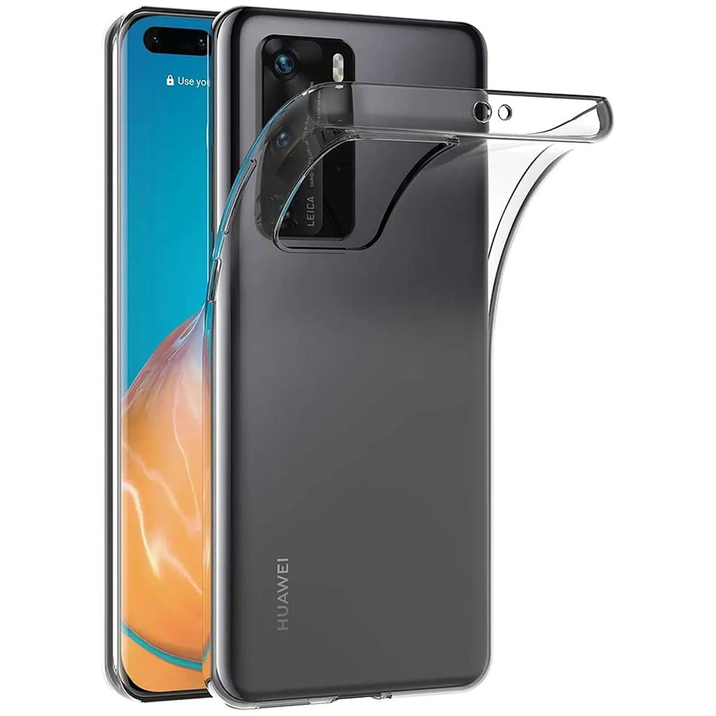 Klares Silikon-Case wird auf ein Huawei P40 Pro aufgesetzt, Rückansicht.