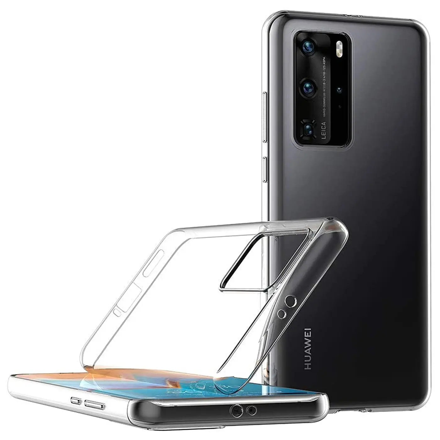 Klarhülle aus TPU, zeigt Huawei P40 Pro von schräg unten, Vorder- und Rückseite sichtbar.