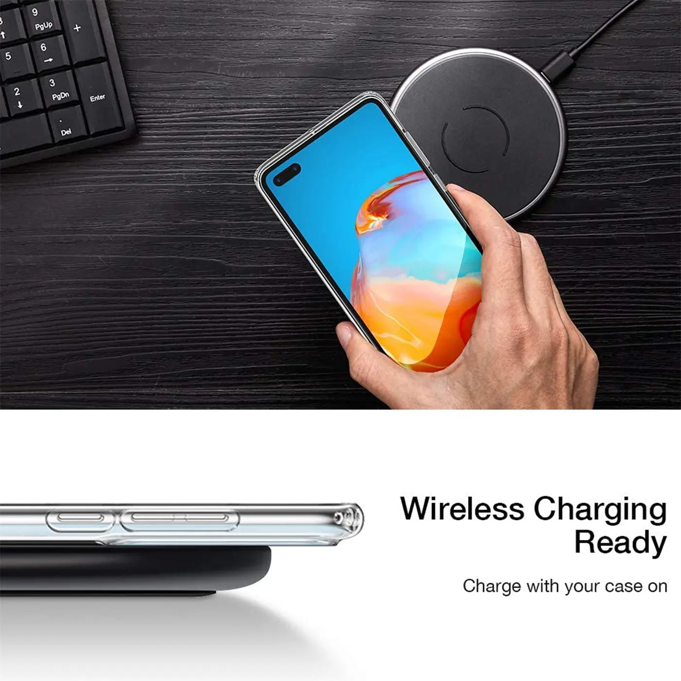 Klar, durchsichtiges Huawei P40 Pro Case auf schwarzer Ladeplatte, von oben und Seite gezeigt.