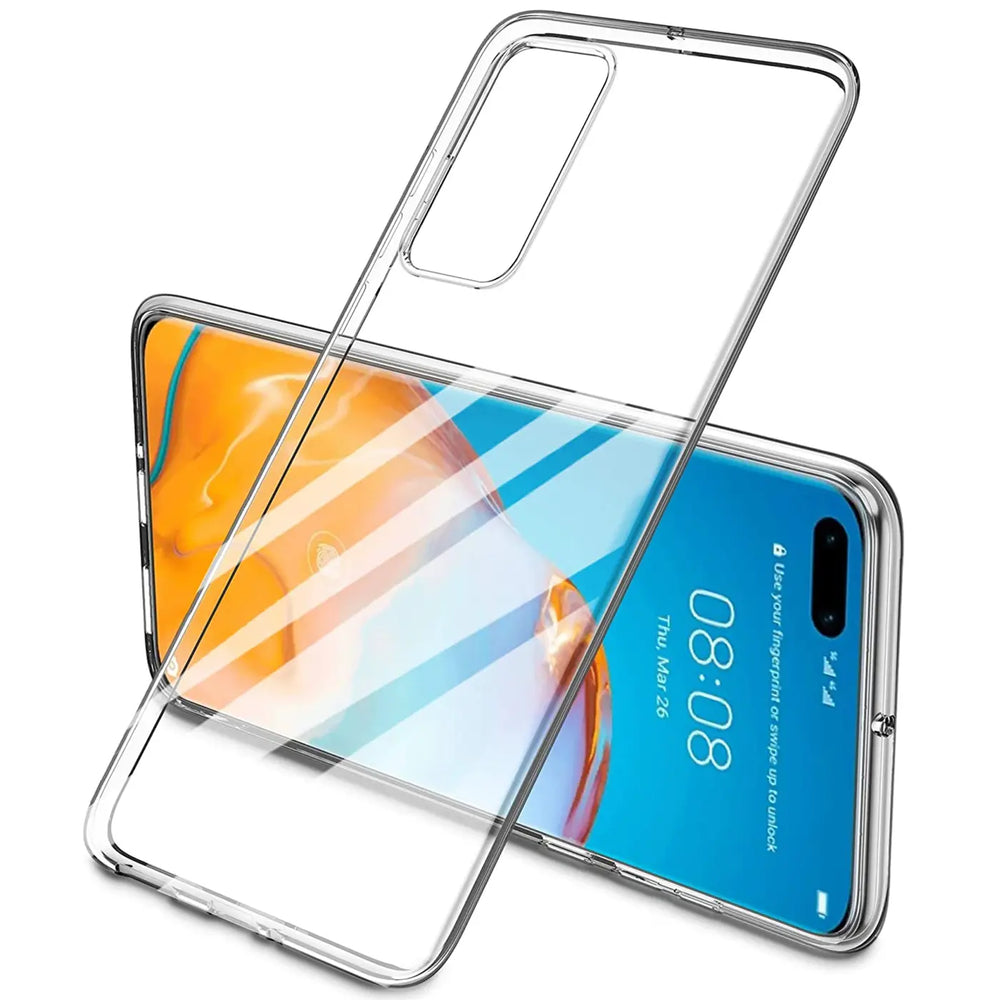 Klares, dünnes Handycase aus Kunststoff, schräg von vorne auf ein Huawei P40 mit Display.