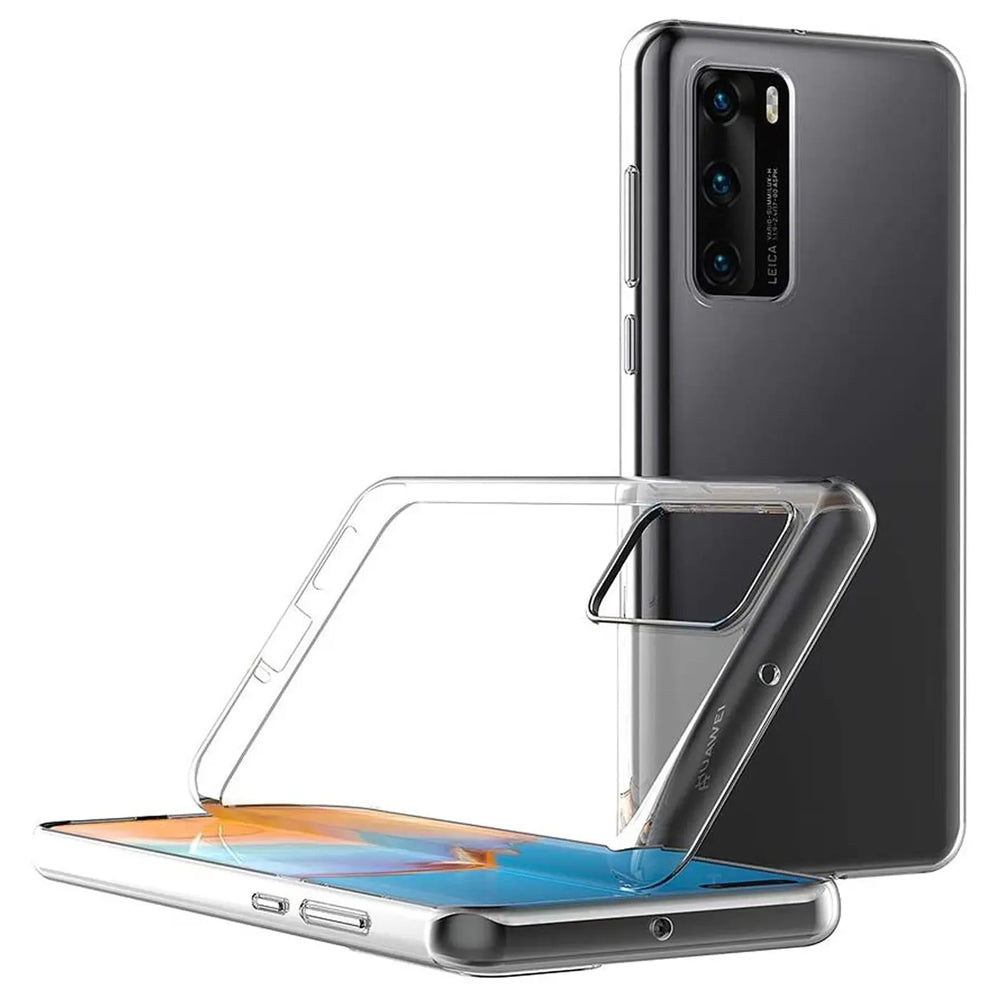 Klarhülle aus Kunststoff, seitliche Ansicht, zeigt Huawei P40 mit aufgesetzter Hülle.