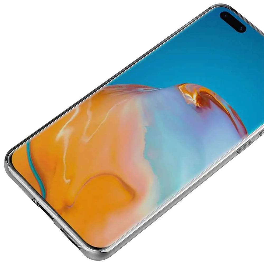 Huawei P40 mit transparentem Slim Case, von schräg oben, silberner Rand.