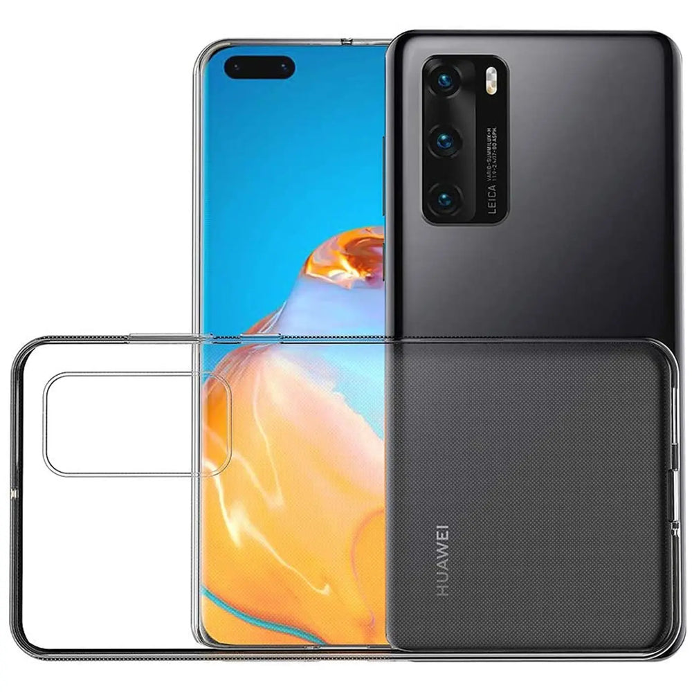Klarhülle aus Kunststoff für Huawei P40, Vorder- und Rückansicht, auf weißem Hintergrund.