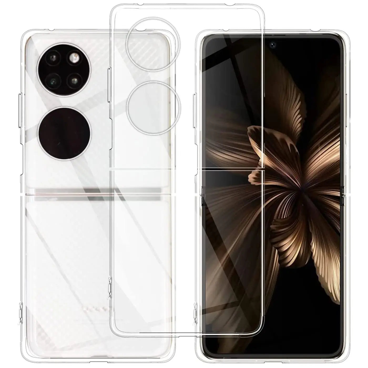 Klarer Schutzcase aus Kunststoff für Huawei P50 Pocket, Vorder- und Rückansicht.