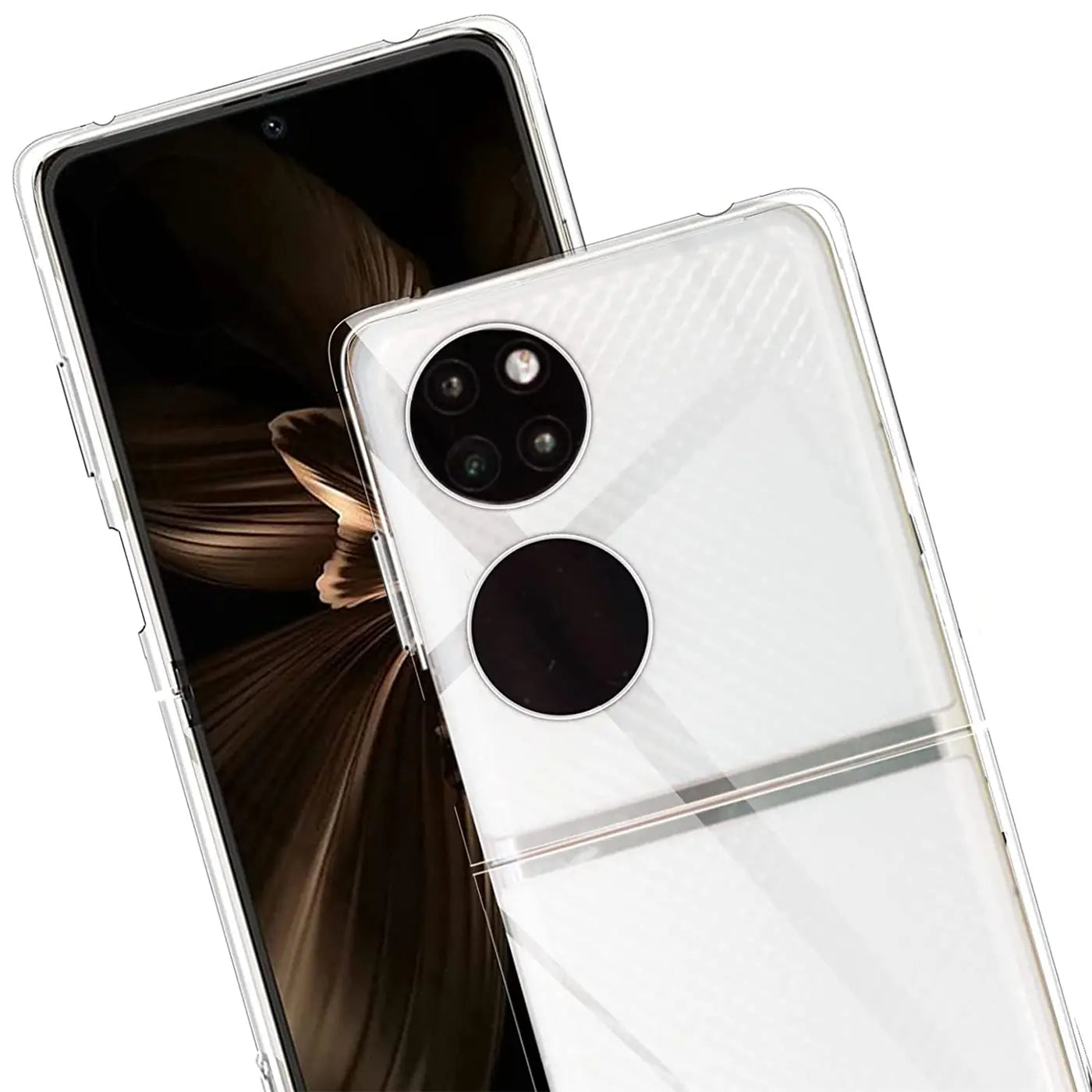 Klar, transparentes Huawei P50 Pocket Case, Rückseite und Vorderseite, Nahaufnahme.