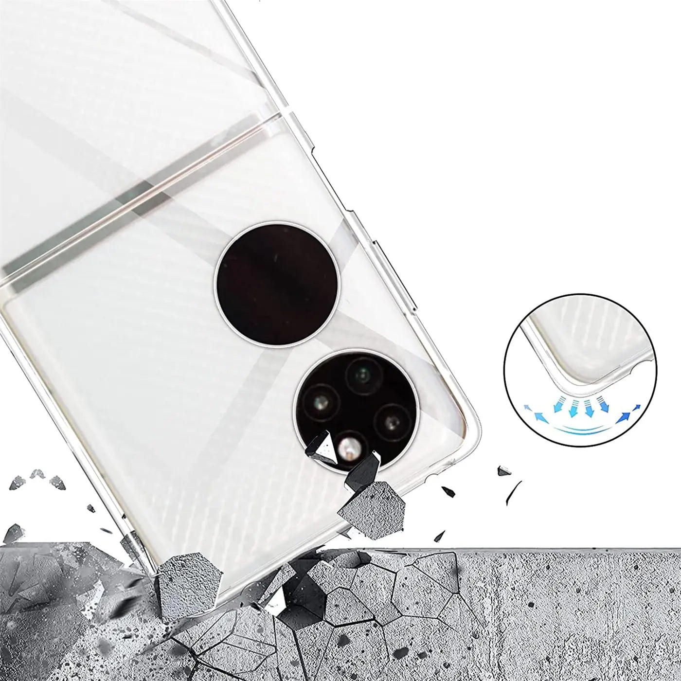 Klar, durchsichtiges Huawei P50 Pocket-Case aus TPU, Nahaufnahme, stürzt auf Beton.