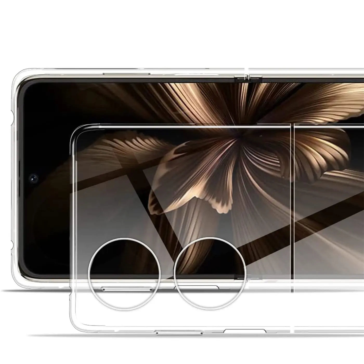 Klares, dünnes Case aus Kunststoff auf Huawei P50 Pocket, Nahaufnahme, von vorne.