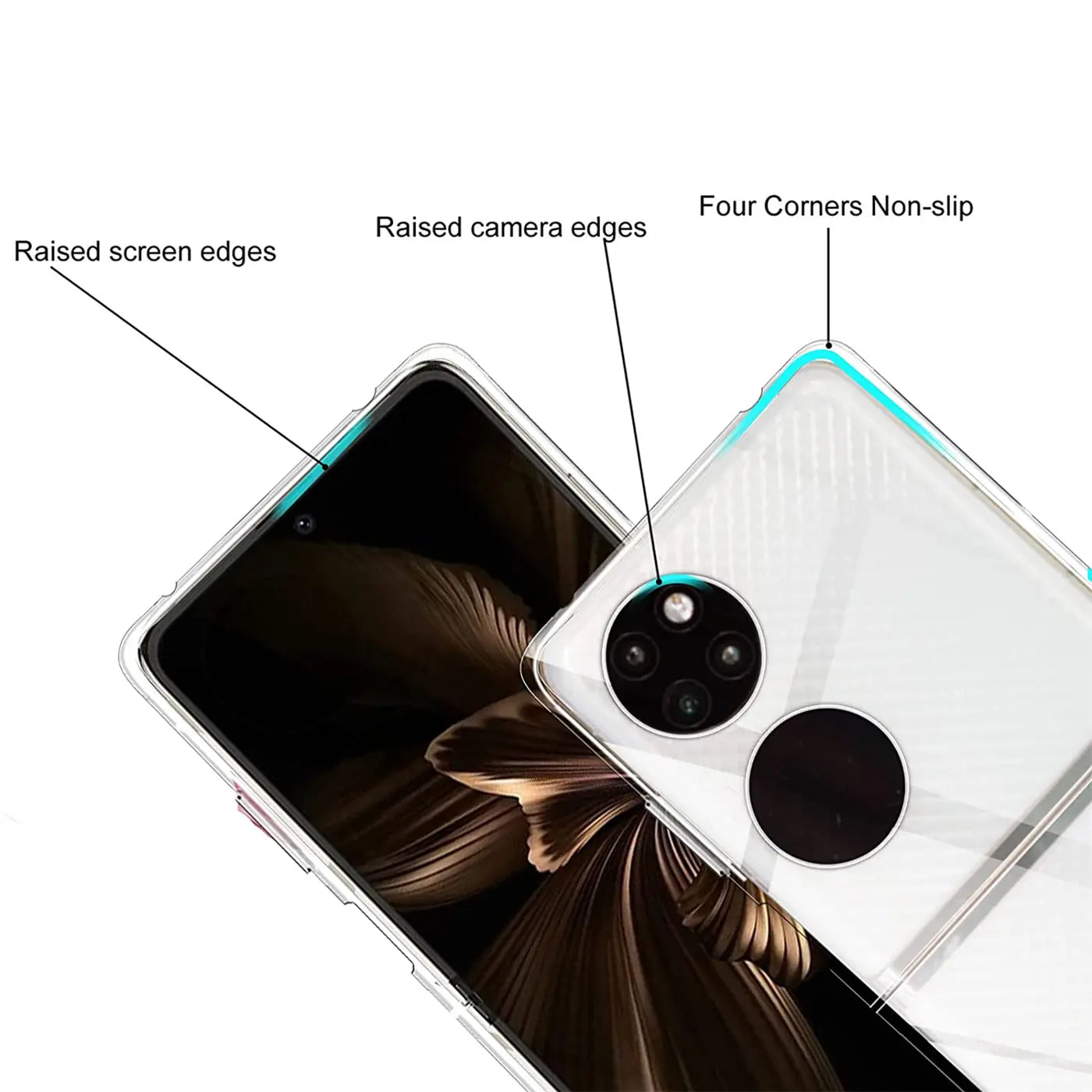 Klar, durchsichtiges Huawei P50 Pocket Case, Rückansicht, Nahaufnahme.