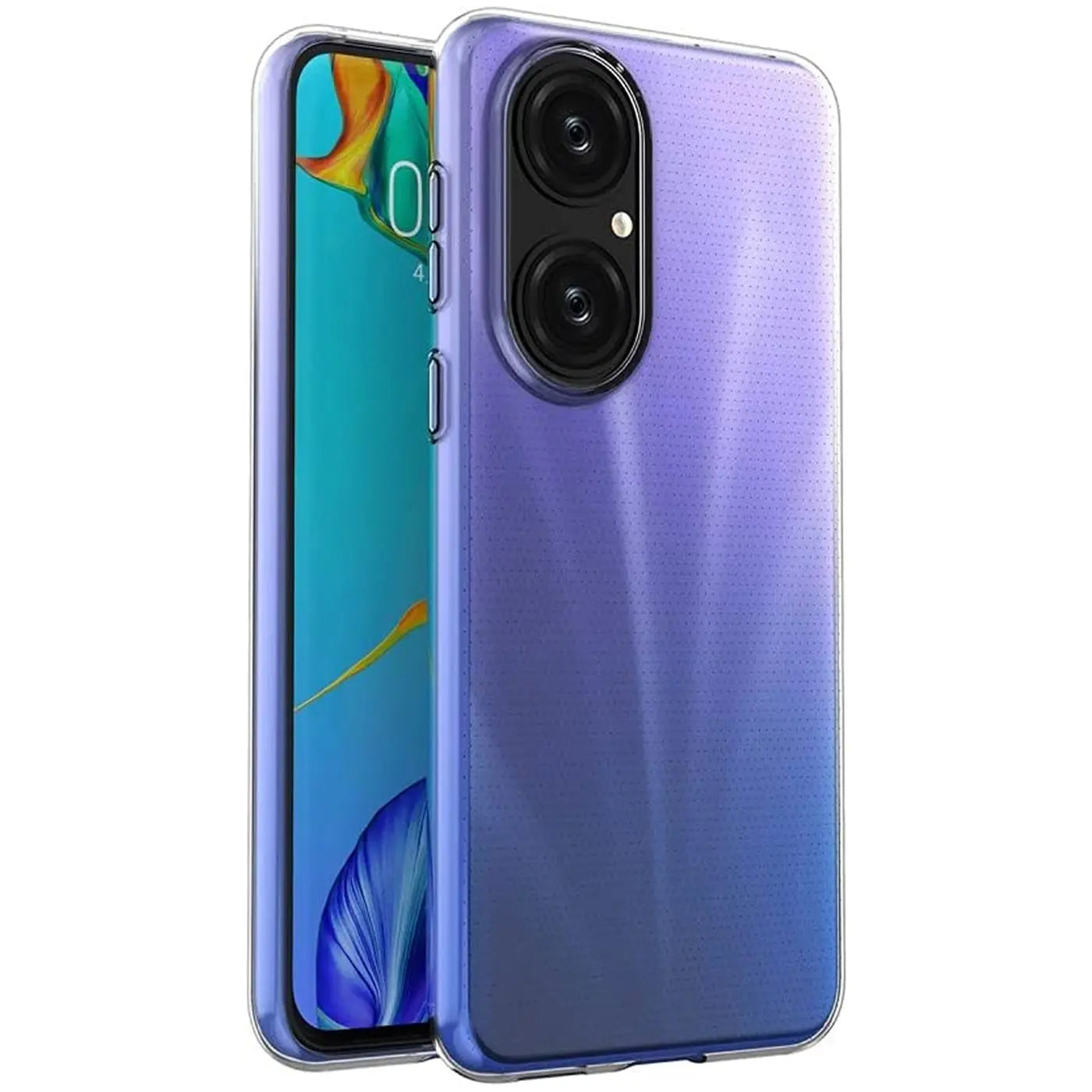 Huawei P50 Pro mit transparentem, violettem Case, von schräg vorne, aus Kunststoff.