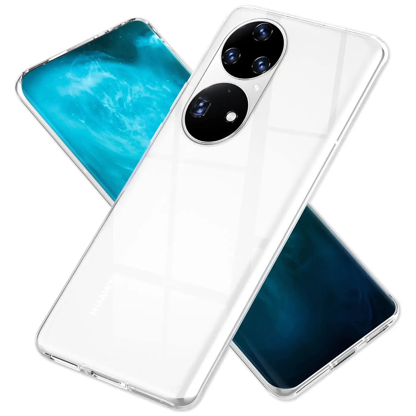 Klarhülle aus Kunststoff, von schräg oben, zeigt Huawei P50 Pro mit Kamera.
