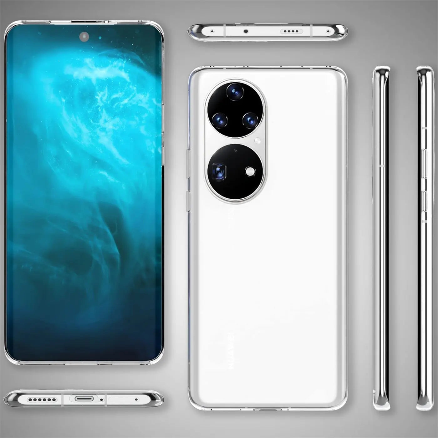Huawei P50 Pro in transparentem Case, verschiedene Ansichten, Vorder- und Rückseite, Seitenansicht.