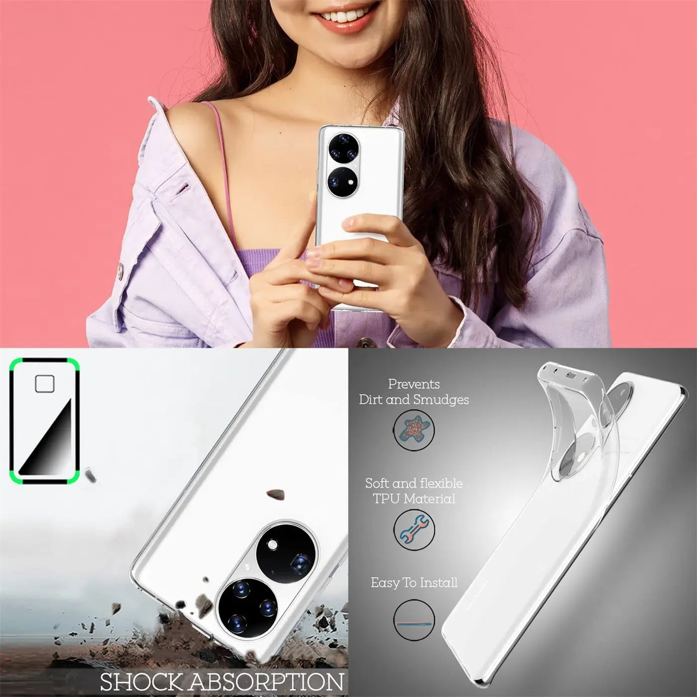 Klarhülle aus TPU für Huawei P50 Pro, von hinten gesehen, mit Stoßabsorption.