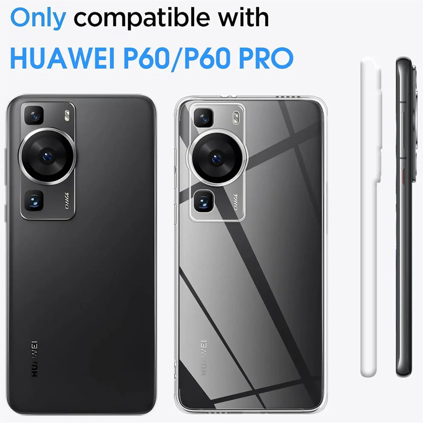 Huawei P60 Pro: schwarzes Handy, transparentes Case, Seitenansichten.