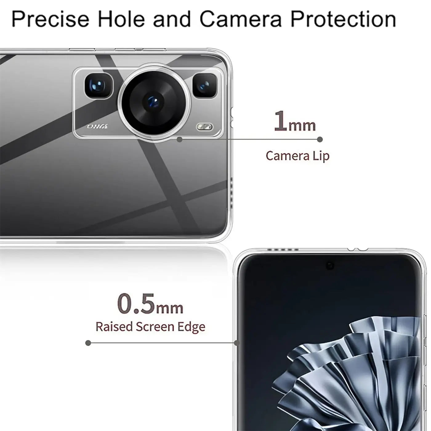 Klarhülle aus Kunststoff zeigt Huawei P60 Pro von hinten und vorne. Kamera- und Displayschutz.