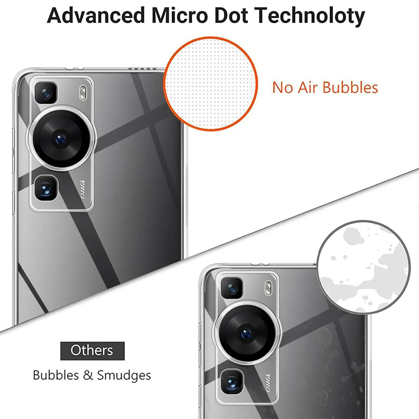 Klarhülle mit Mikrodot-Technologie für Huawei P60 Pro, zeigt Rückseite, keine Luftblasen.
