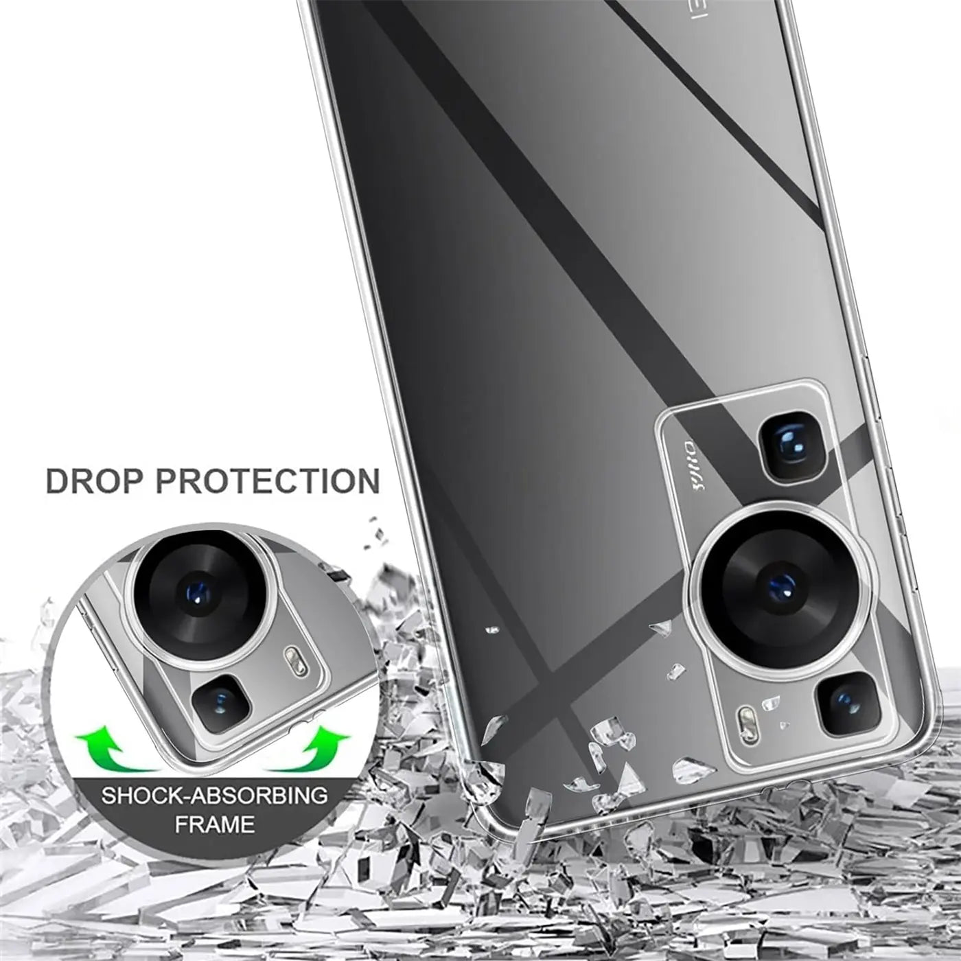 Klar, durchsichtiges Handycase aus Kunststoff, Rückansicht mit Kamera, Huawei P60 Pro.