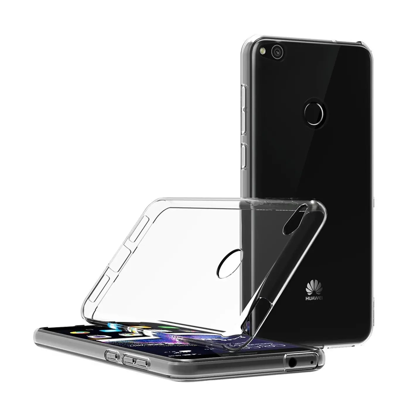 Klares Silikoncase, schräg von vorne, auf Huawei P8 Lite 2017 liegend.
