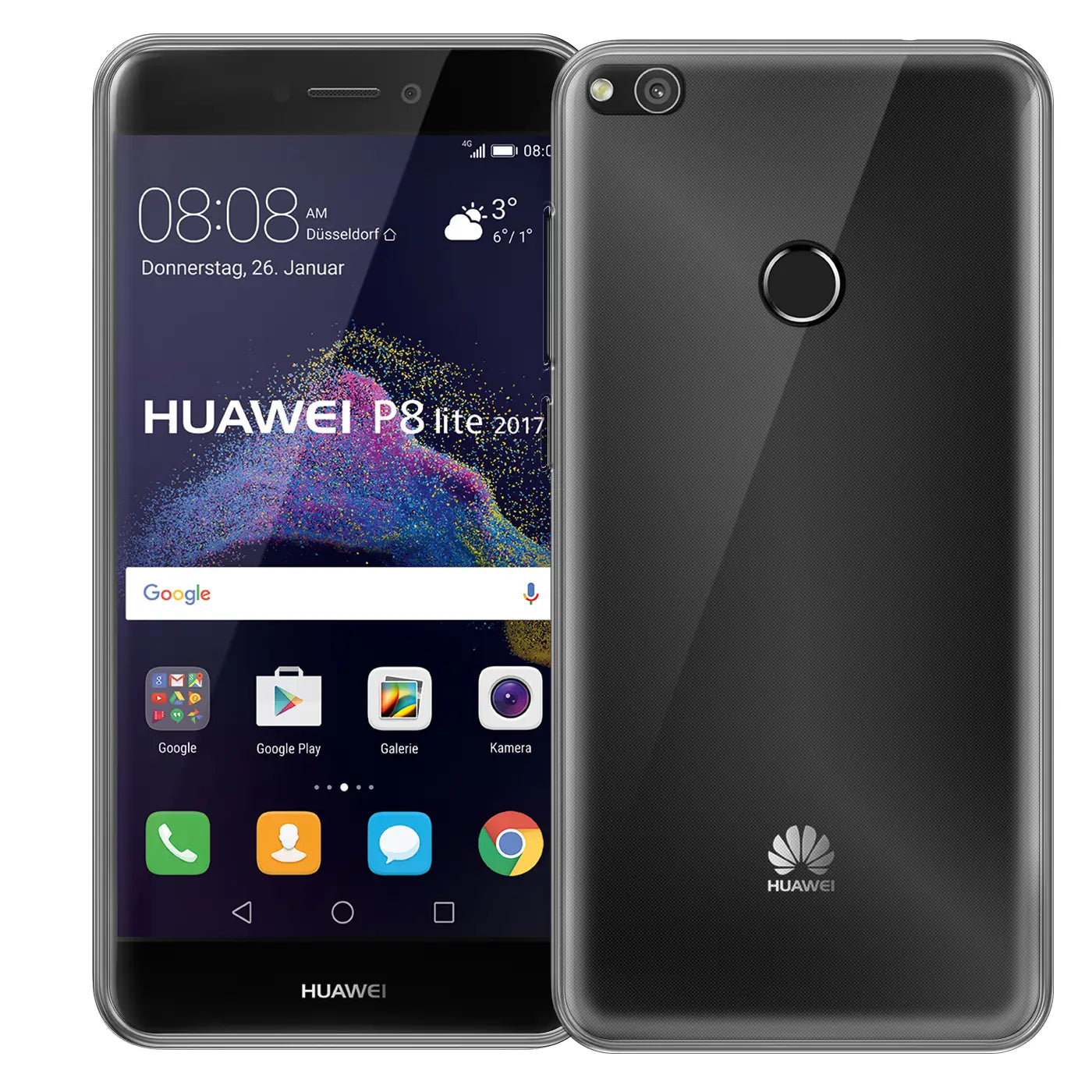 Huawei P8 Lite 2017, schwarz, transparentes Material, Vorder- und Rückansicht