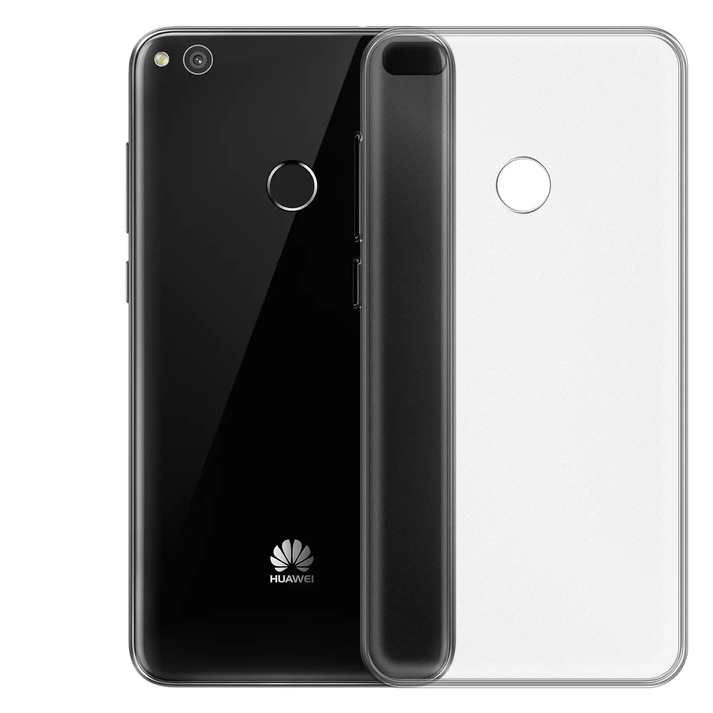 Zwei Huawei P8 Lite 2017: schwarz glänzend und transparent, Rückansicht, Nahaufnahme.