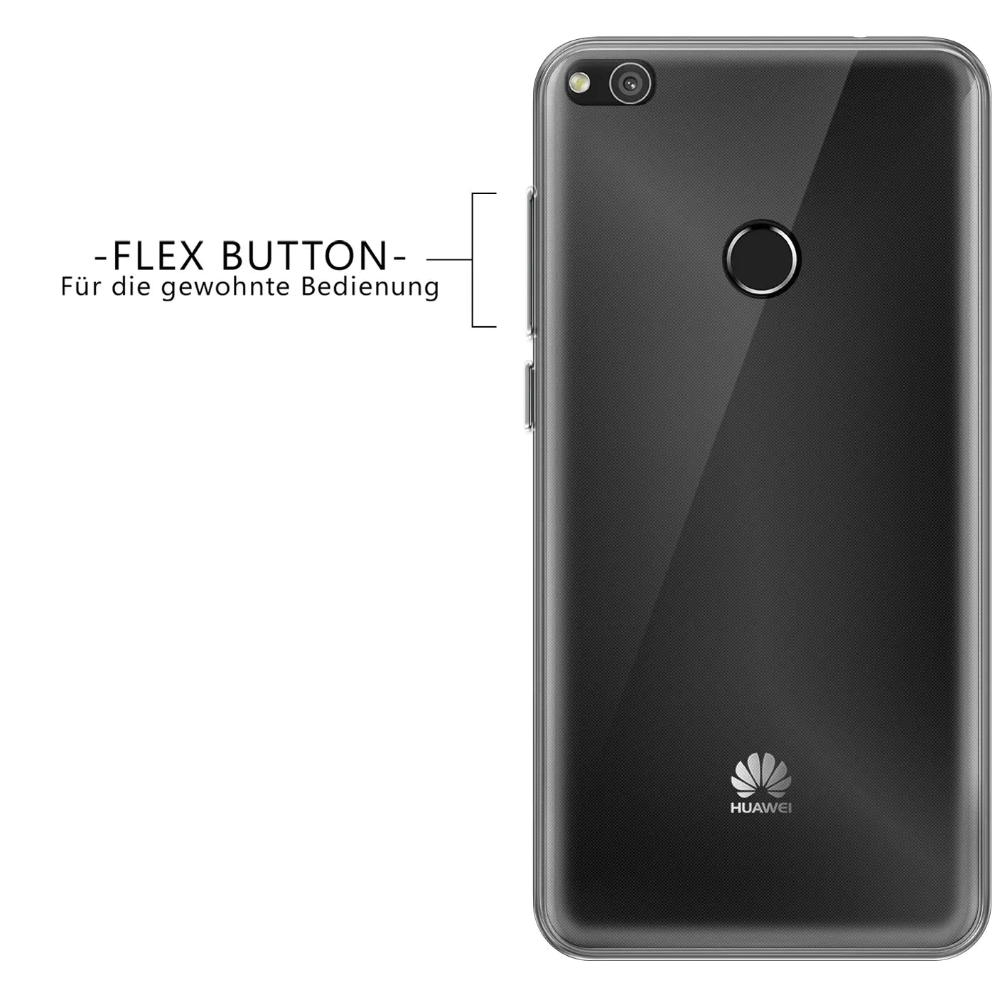 Rückseite eines Huawei P8 Lite 2017 in schwarzem, transparentem Kunststoff, von hinten gezeigt.