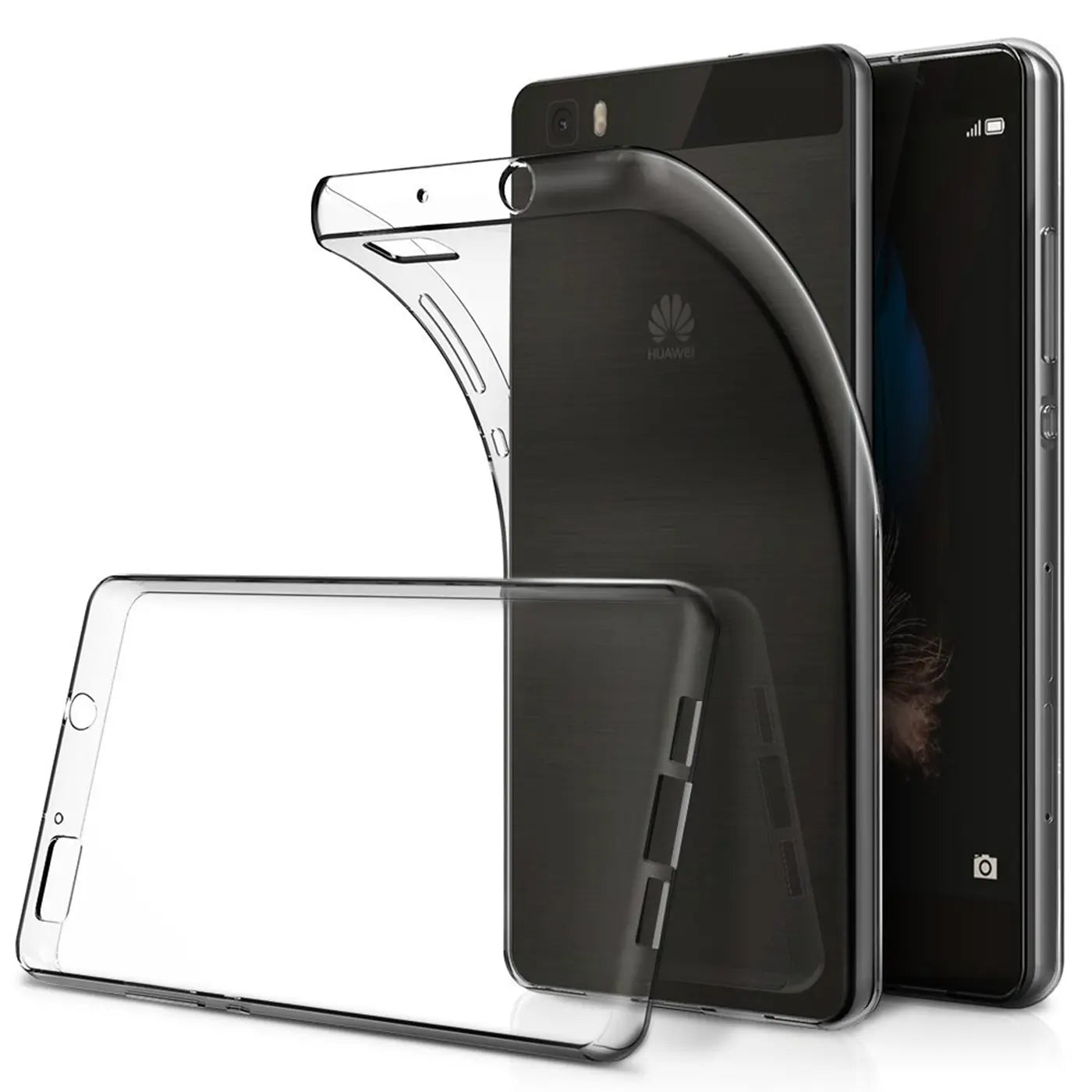 Klarer Slim Case aus Kunststoff, zeigt Huawei P8 Lite von vorne und hinten, von schräg oben.