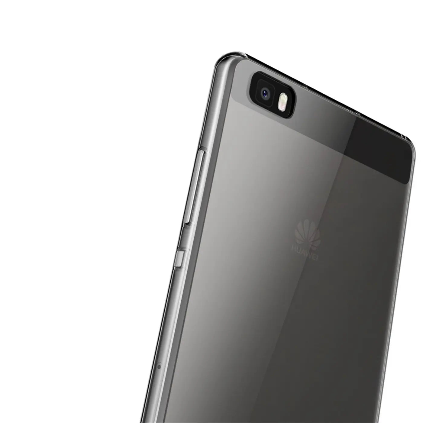 Graues Huawei P8 Lite, Rückseite mit Kamera, aus leicht transparentem Material, von schräg oben