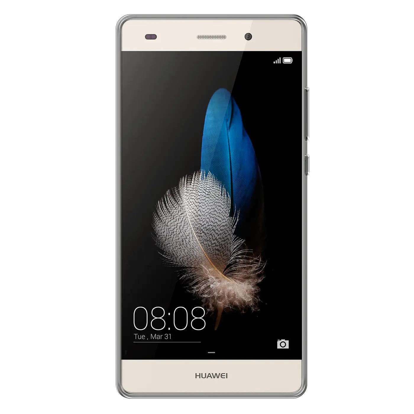 Goldfarbenes Huawei P8 Lite Smartphone mit transparentem Case, Frontansicht.
