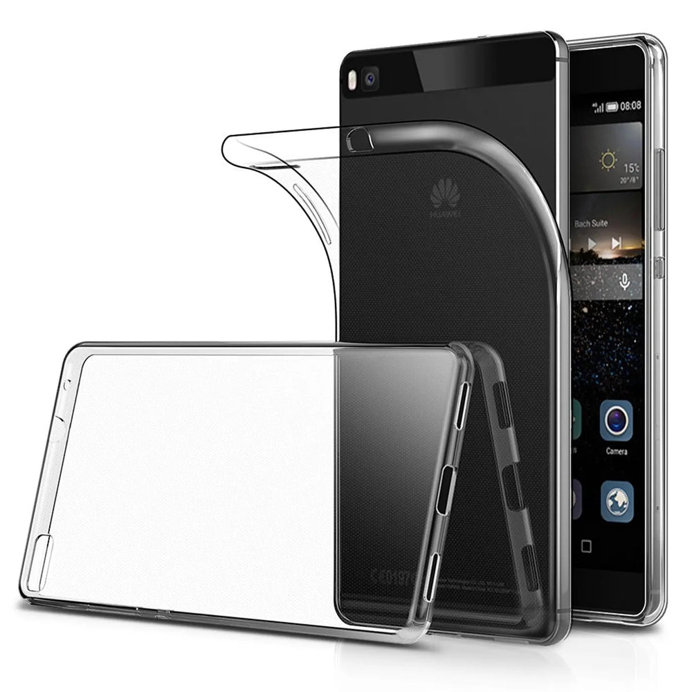 Klar, transparentes Silikon-Case für Huawei P8, von vorne und von der Seite gezeigt.