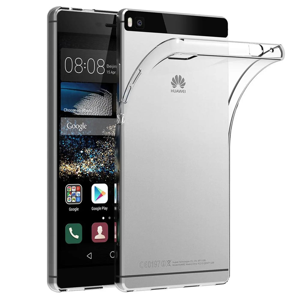 Klares, dünnes Kunststoff-Case, das ein Huawei P8 umgibt. Von vorne links.
