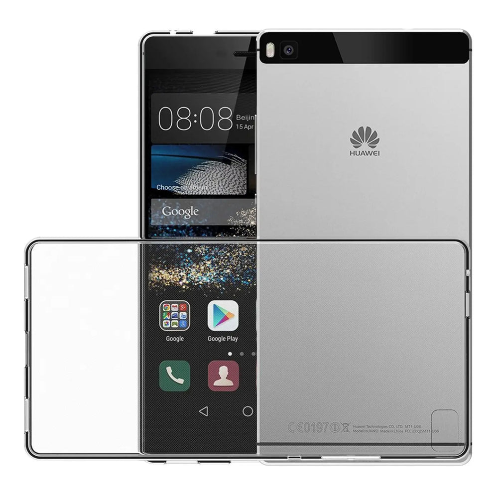 Huawei P8, silber, transparentes Gehäuse, Vorder- und Rückansicht